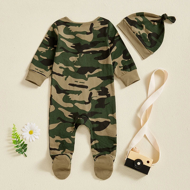 2024-11-21  0-6M Baby Boys Footies Rompers Camouflage Round Neck Long Sleeve Infant Clothes Jumpsuits with Hat