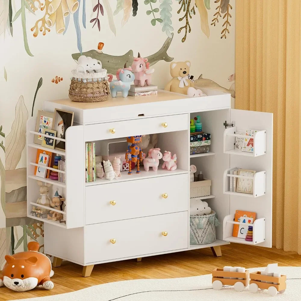 Nursery Dresser with Baby Changing Table, Modern Diaper Changing Station,Dresser for Nursery with 3 Drawers & Shelves,