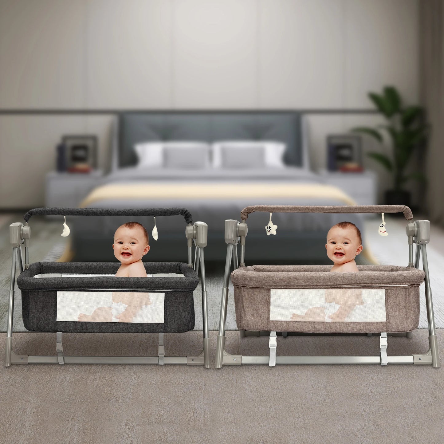 5 Gears Electric Cradle Baby Swing Bed,  Baby Bassinet, Automatic Rocking Recliner Crib Basket Dark Gray/Khaki)