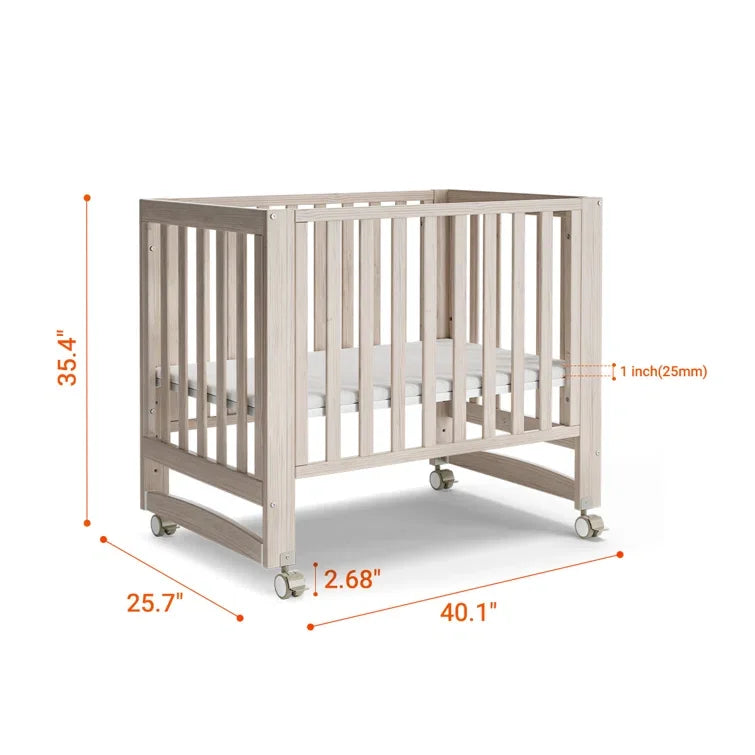 6-in-1 Portable Convertible Mini Crib With Mattress & Removable Wheels, 100% New Zealand Wood Growing Bed, Washed Natural