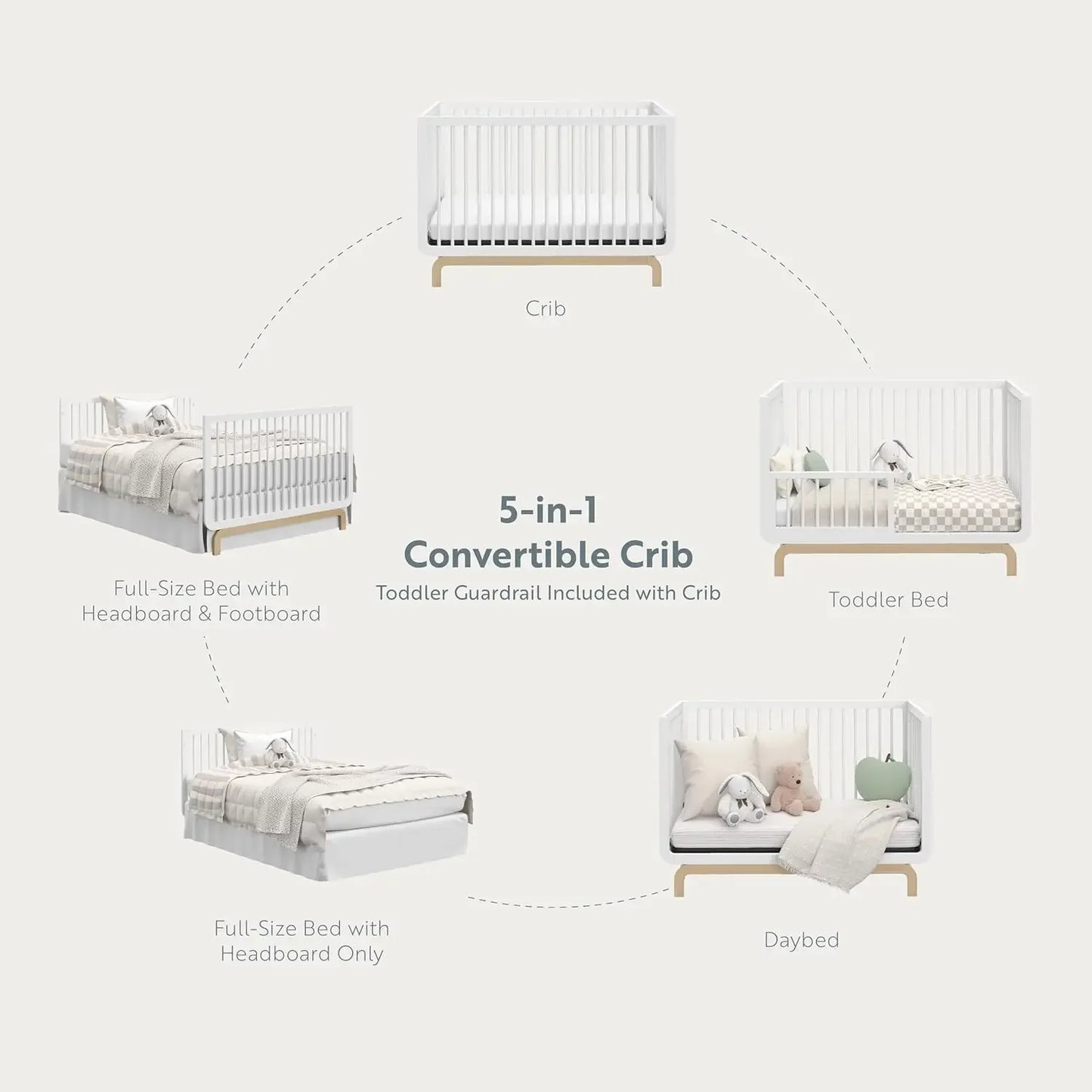 NEW  Santorini Deluxe 5-in-1 Convertible Crib with Bonus Toddler Guardrail (White with Driftwood) ,Fast delivery
