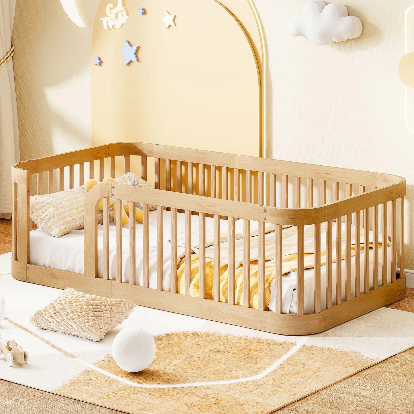 Wood Floor Twin Bed Frame toddler Beds with Fence  76.9''L x 41.1''W x 23.8''H