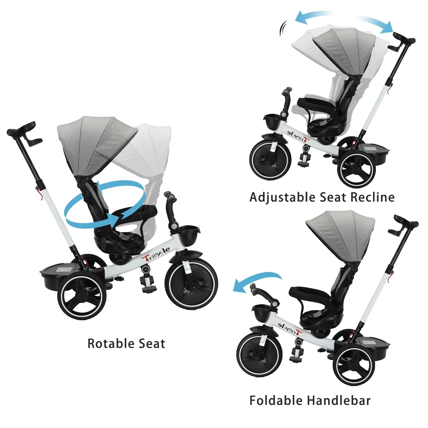 6-in-1 Kids' Tricycle with Teether, Safety Belt & Sunshade - Ride-On Toy for 1-6 Years (Gray/White)