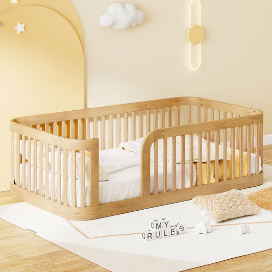 Wood Floor Twin Bed Frame toddler Beds with Fence  76.9''L x 41.1''W x 23.8''H