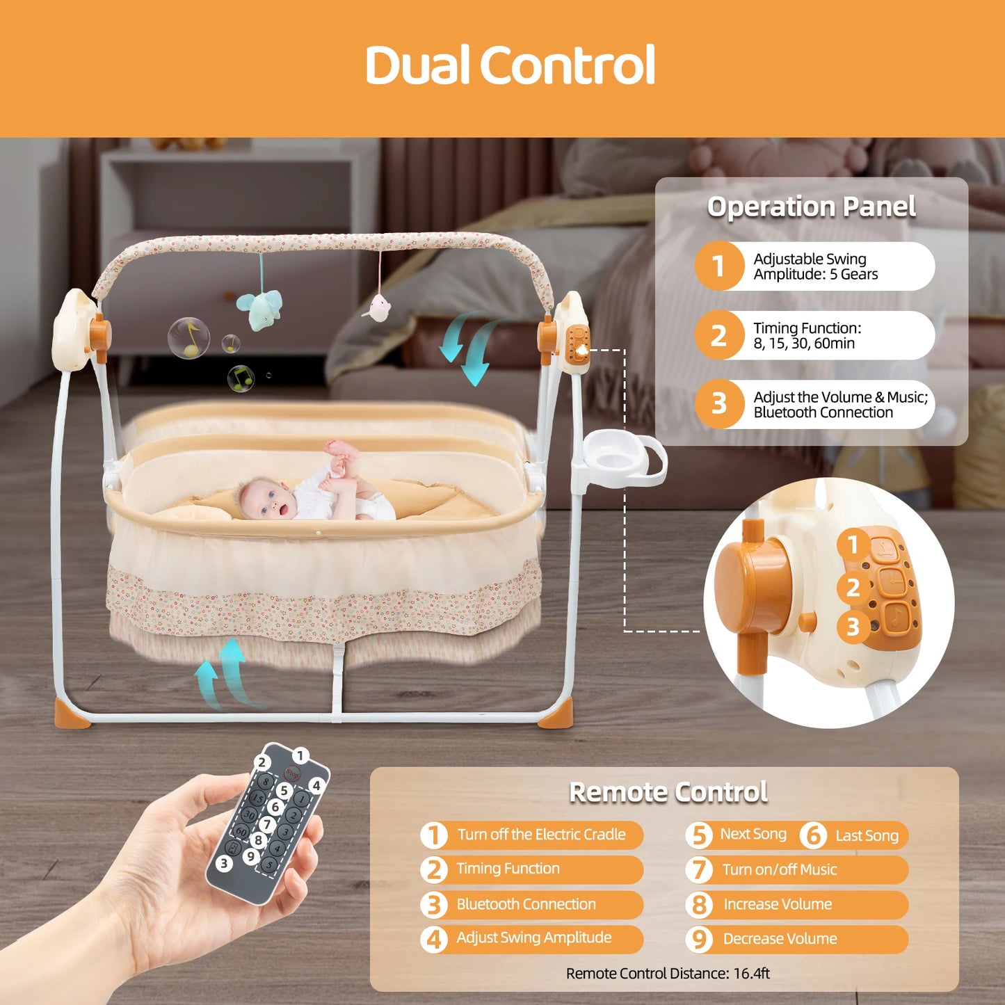 Electric Baby Crib Cradle, 0-18 MonthsInfant Bed Auto Swing with Remote Control/Music 25KG Capacity Foldable Baby Bassinet Khaki
