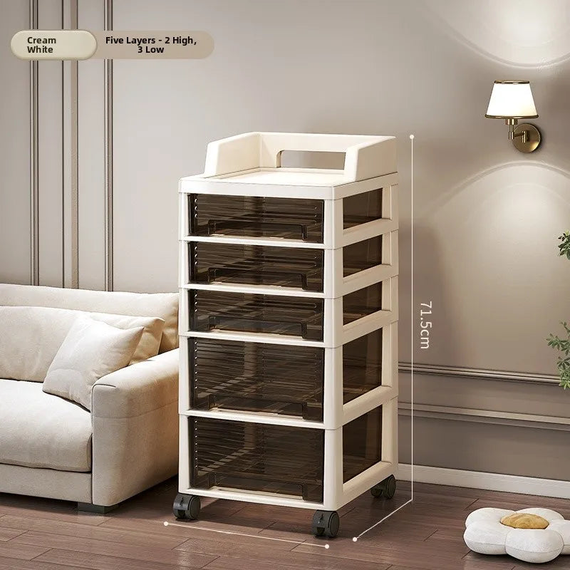 New Bedroom Dustproof Cosmetic Cart Standable Der pe Storage Cabinet Mobile with Wheels Organizer for Nursery
