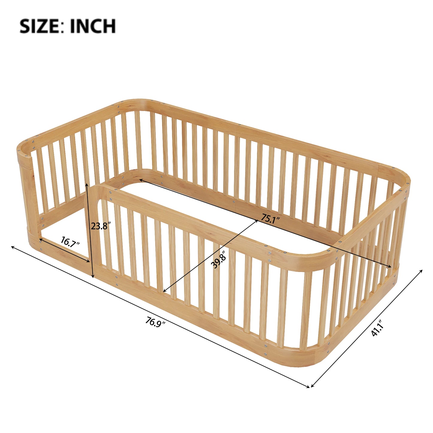 Wood Floor Twin Bed Frame toddler Beds with Fence  76.9''L x 41.1''W x 23.8''H