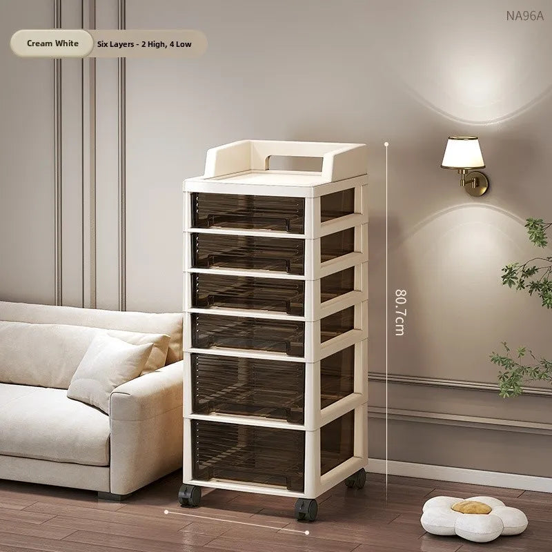 New Bedroom Dustproof Cosmetic Cart Standable Der pe Storage Cabinet Mobile with Wheels Organizer for Nursery