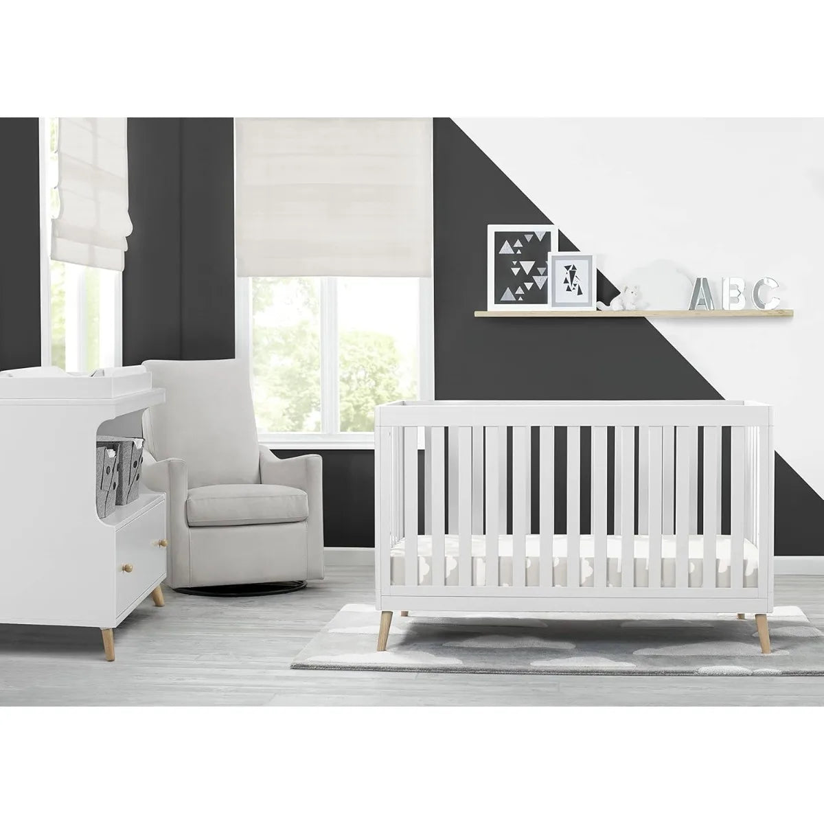 Bianca White 4-in-1 Convertible Crib, Adjustable Baby Bed with Natural Wood Legs