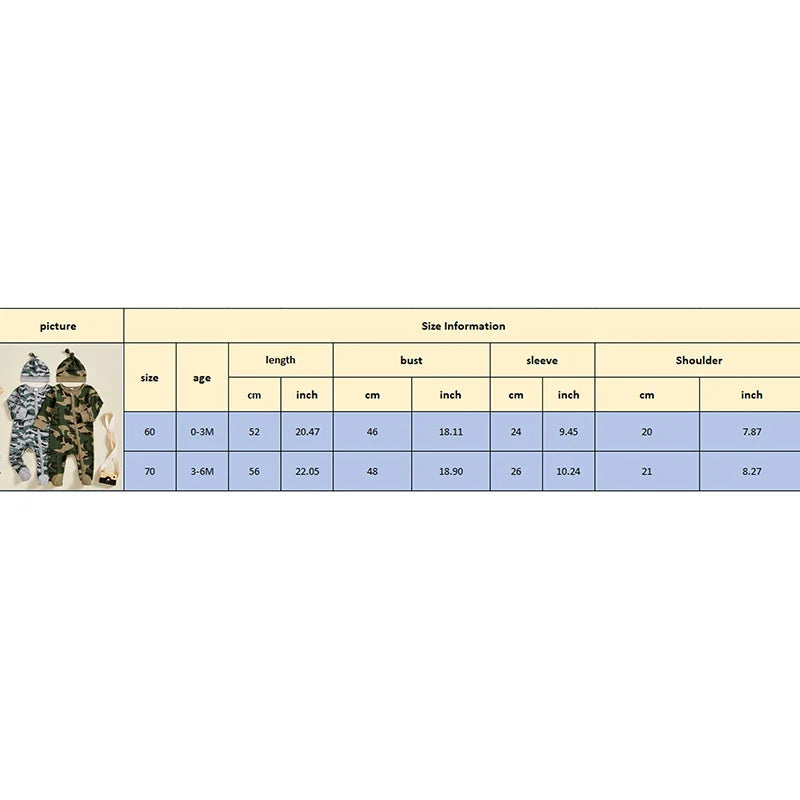 2024-11-21  0-6M Baby Boys Footies Rompers Camouflage Round Neck Long Sleeve Infant Clothes Jumpsuits with Hat