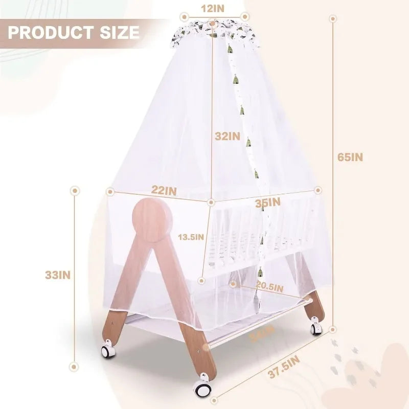 Wooden Bedside Bassinet Sleeper,Safe & Stylish Baby Crib Bassinet with Locking Wheels,Mosquito Net,Large Storage Basket