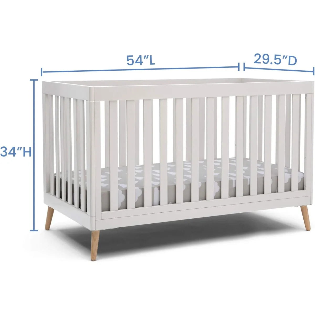Bianca White 4-in-1 Convertible Crib, Adjustable Baby Bed with Natural Wood Legs
