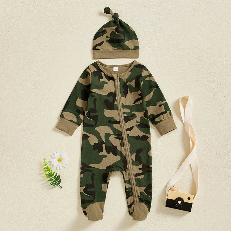 2024-11-21  0-6M Baby Boys Footies Rompers Camouflage Round Neck Long Sleeve Infant Clothes Jumpsuits with Hat