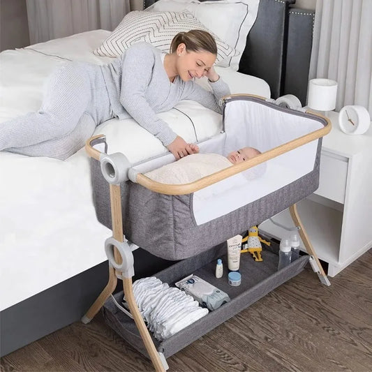 Bedside Baby Bassinet, Easy Fold Sleeper with Storage & Mattress, Portable Crib for Newborn