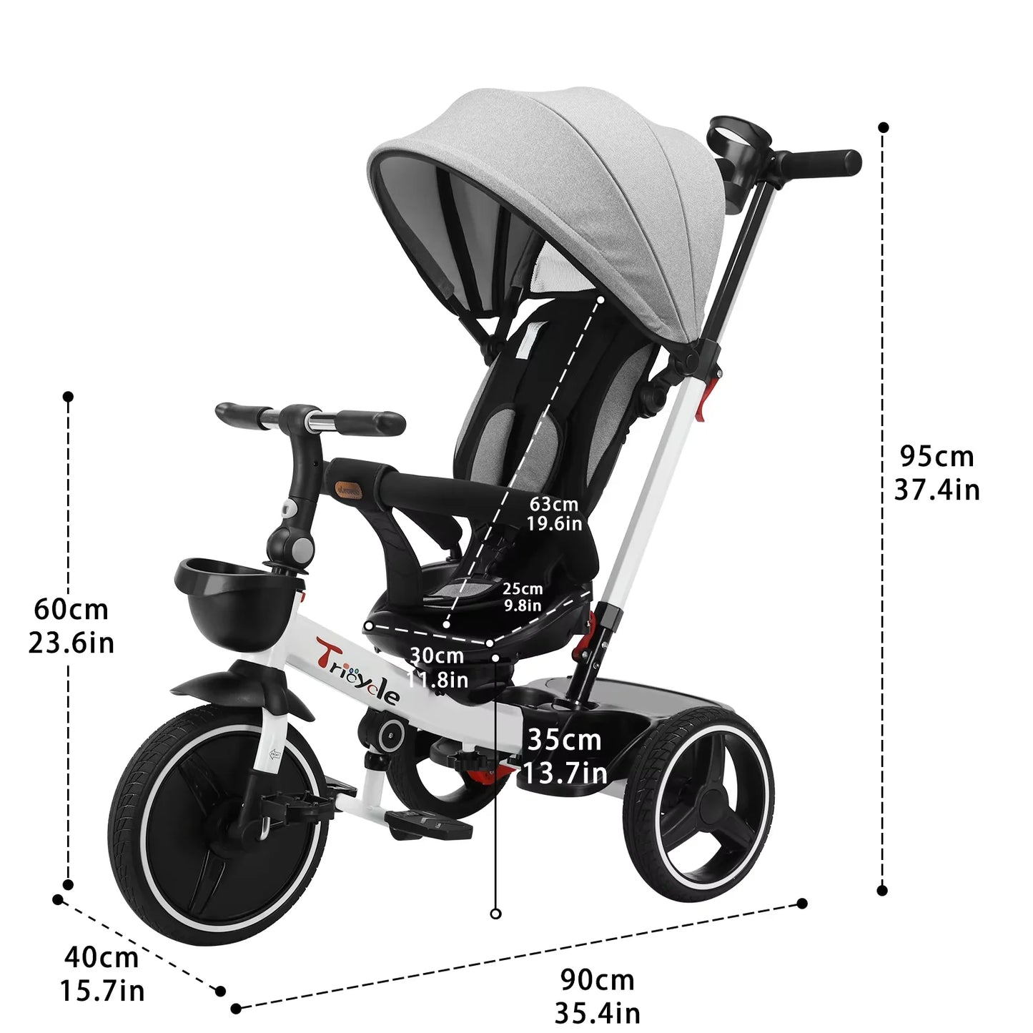 6-in-1 Kids' Tricycle with Teether, Safety Belt & Sunshade - Ride-On Toy for 1-6 Years (Gray/White)