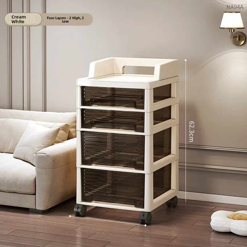 New Bedroom Dustproof Cosmetic Cart Standable Der pe Storage Cabinet Mobile with Wheels Organizer for Nursery