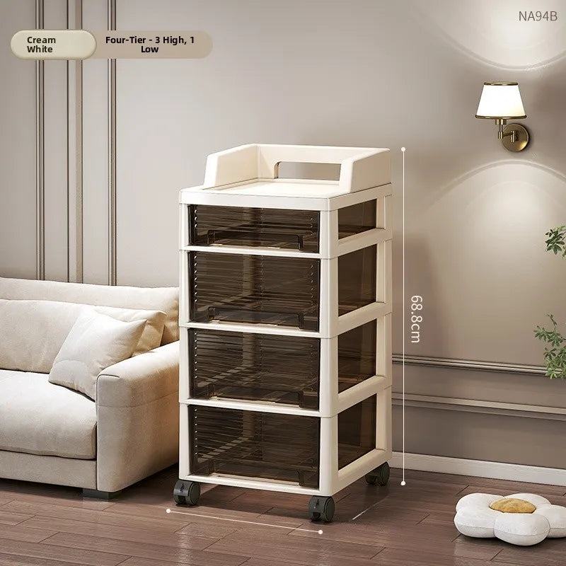 New Bedroom Dustproof Cosmetic Cart Standable Der pe Storage Cabinet Mobile with Wheels Organizer for Nursery