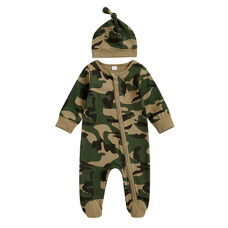2024-11-21  0-6M Baby Boys Footies Rompers Camouflage Round Neck Long Sleeve Infant Clothes Jumpsuits with Hat