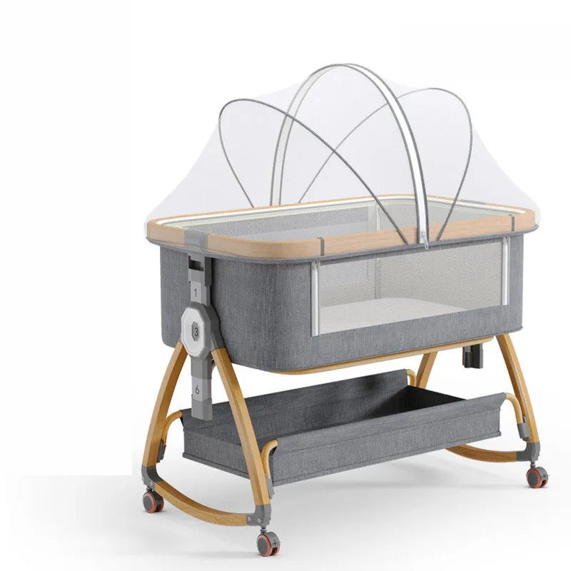 High Carbon Steel Aluminium Alloy Foldable Baby Crib With Rollers Movable With Diapers Toys Storage Tray Baby Sleep Comfort Bed