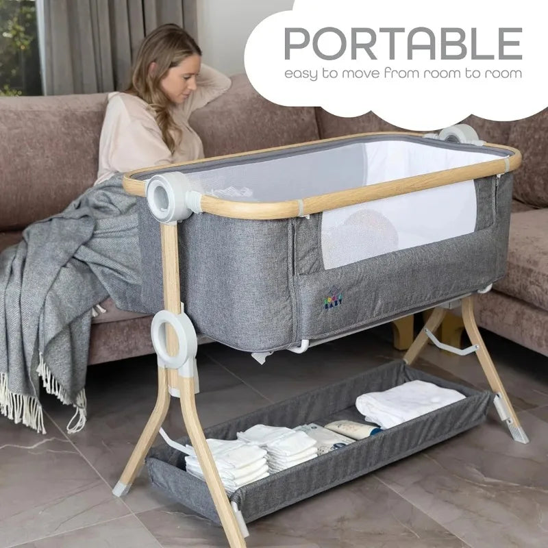 Bedside Baby Bassinet, Easy Fold Sleeper with Storage & Mattress, Portable Crib for Newborn