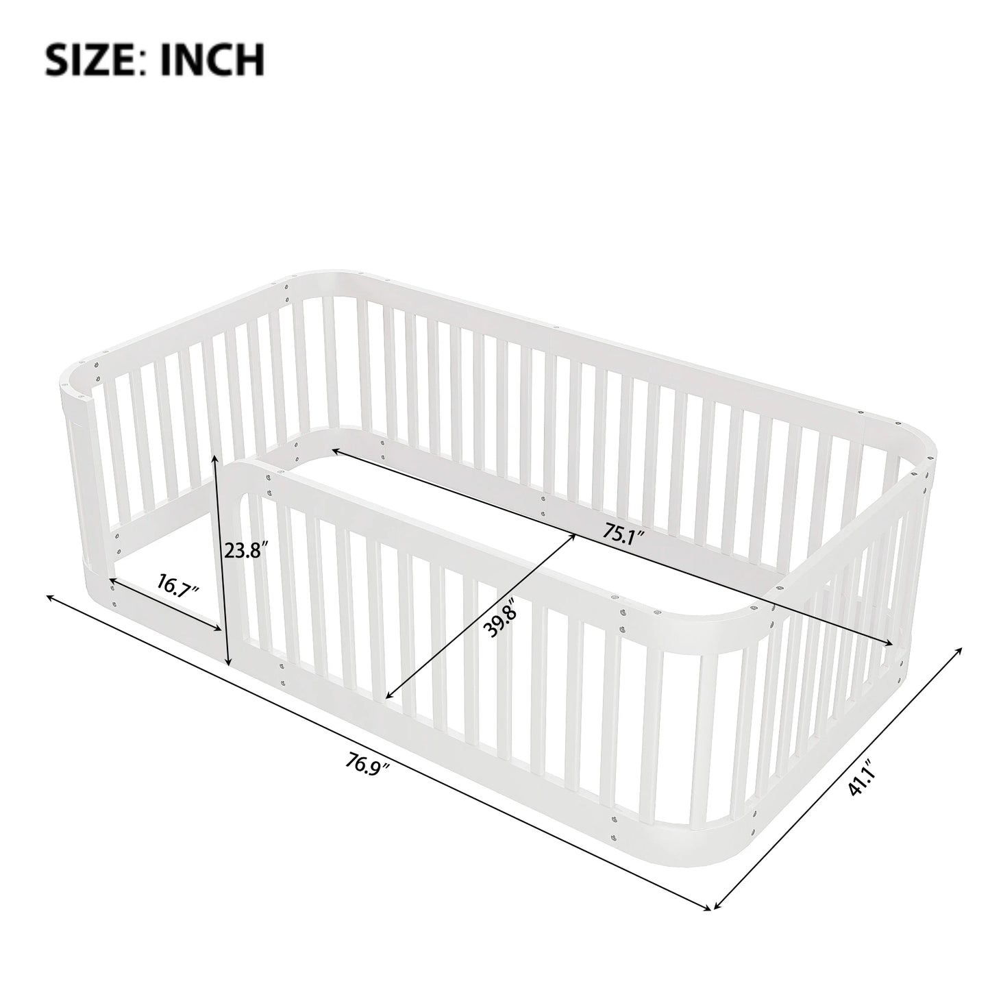 Wood Floor Twin Bed Frame toddler Beds with Fence  76.9''L x 41.1''W x 23.8''H