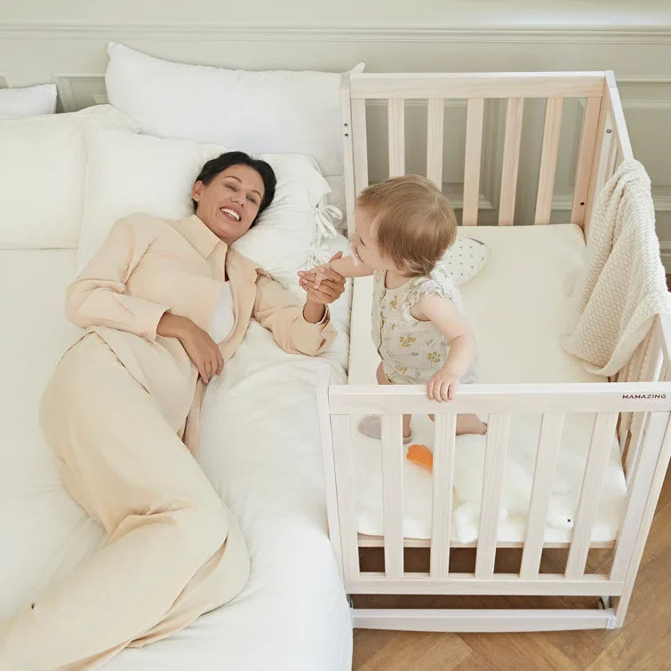 6-in-1 Portable Convertible Mini Crib With Mattress & Removable Wheels, 100% New Zealand Wood Growing Bed, Washed Natural