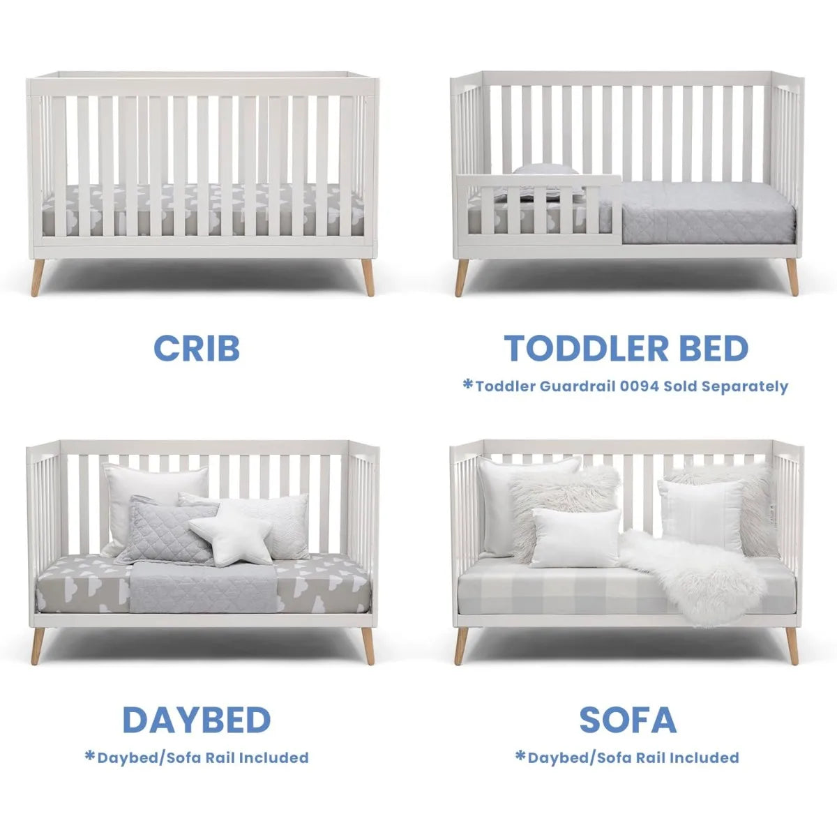 Bianca White 4-in-1 Convertible Crib, Adjustable Baby Bed with Natural Wood Legs