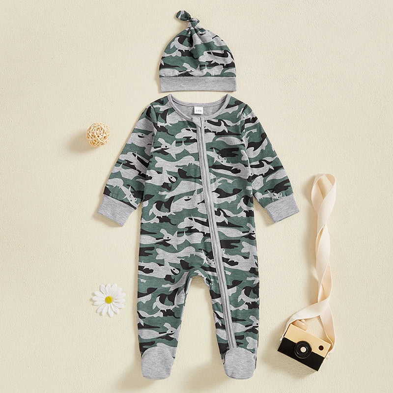 2024-11-21  0-6M Baby Boys Footies Rompers Camouflage Round Neck Long Sleeve Infant Clothes Jumpsuits with Hat