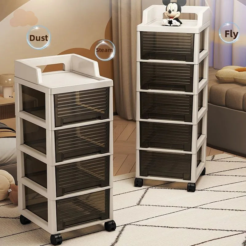 New Bedroom Dustproof Cosmetic Cart Standable Der pe Storage Cabinet Mobile with Wheels Organizer for Nursery