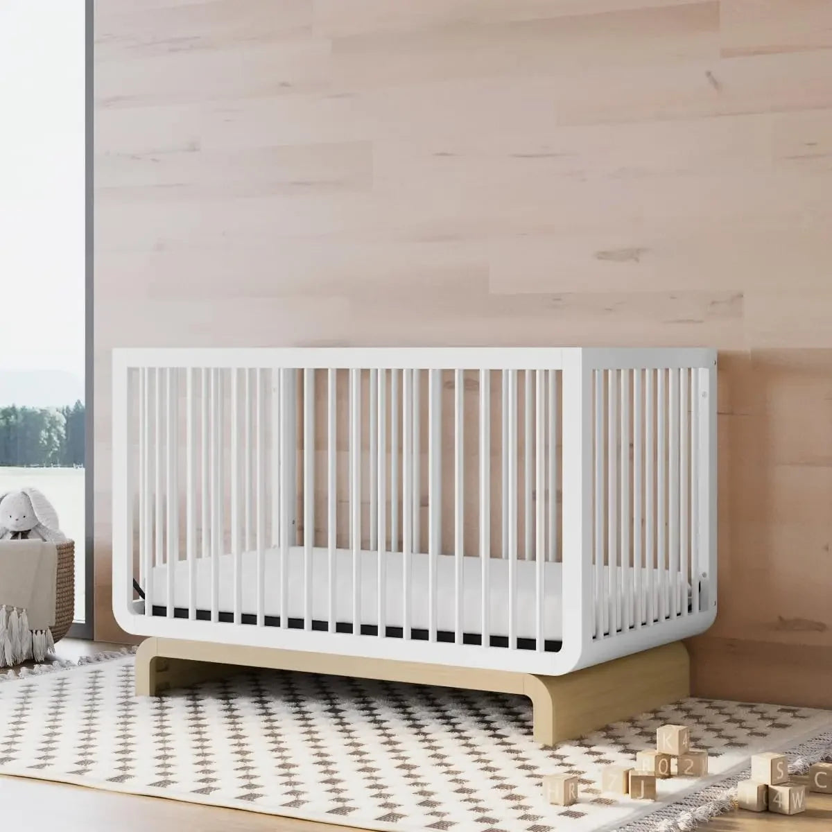 NEW  Santorini Deluxe 5-in-1 Convertible Crib with Bonus Toddler Guardrail (White with Driftwood) ,Fast delivery