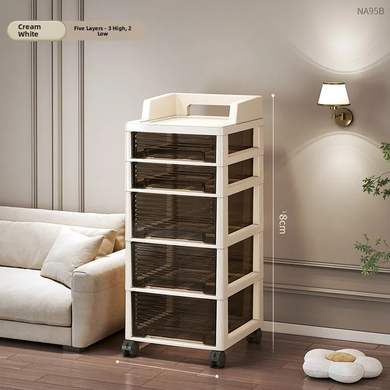 New Bedroom Dustproof Cosmetic Cart Standable Der pe Storage Cabinet Mobile with Wheels Organizer for Nursery