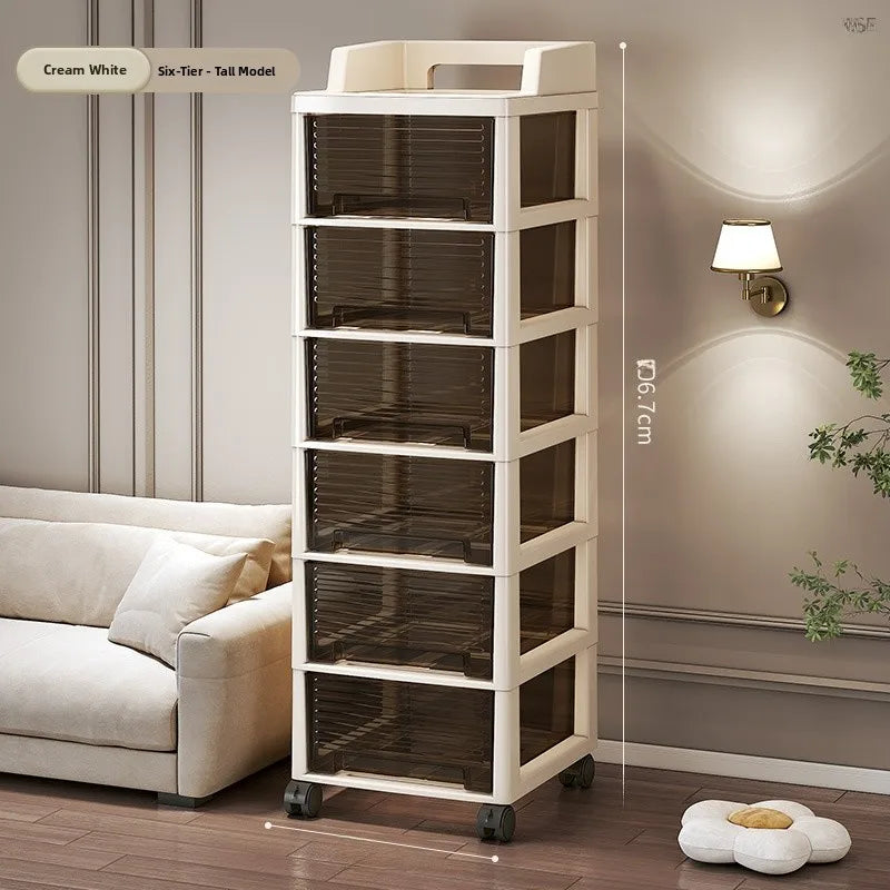 New Bedroom Dustproof Cosmetic Cart Standable Der pe Storage Cabinet Mobile with Wheels Organizer for Nursery