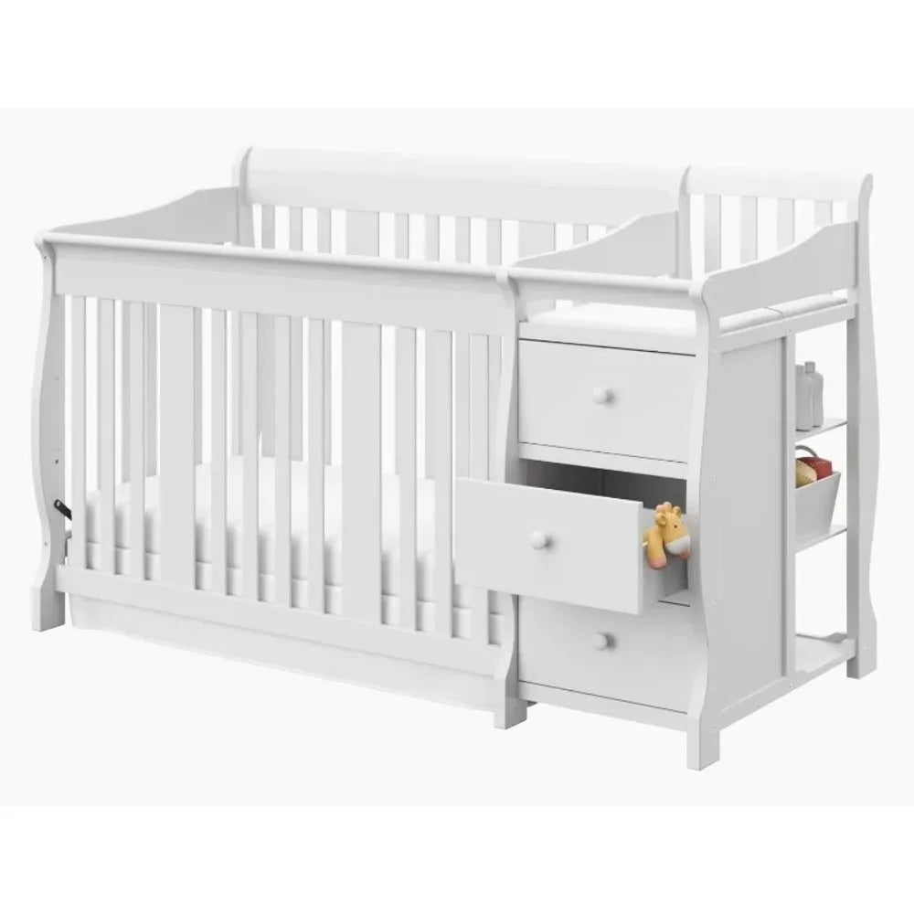 Furniture.White,5 in 1 Convertible Crib and Changer,Changing-Table Combo with Drawer,Converts to Toddler Bed&Full Bed,Adjustable