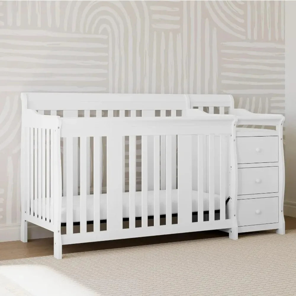 Furniture.White,5 in 1 Convertible Crib and Changer,Changing-Table Combo with Drawer,Converts to Toddler Bed&Full Bed,Adjustable