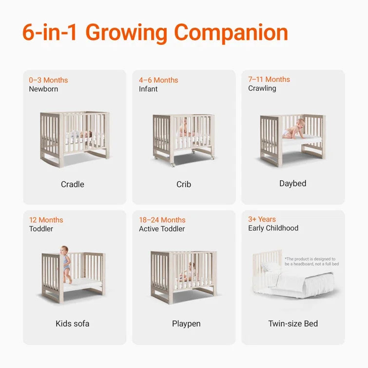 6-in-1 Portable Convertible Mini Crib With Mattress & Removable Wheels, 100% New Zealand Wood Growing Bed, Washed Natural