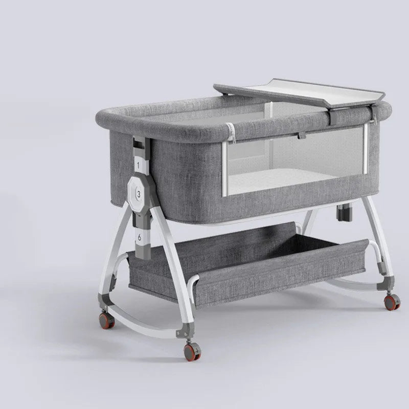 High Carbon Steel Aluminium Alloy Foldable Baby Crib With Rollers Movable With Diapers Toys Storage Tray Baby Sleep Comfort Bed