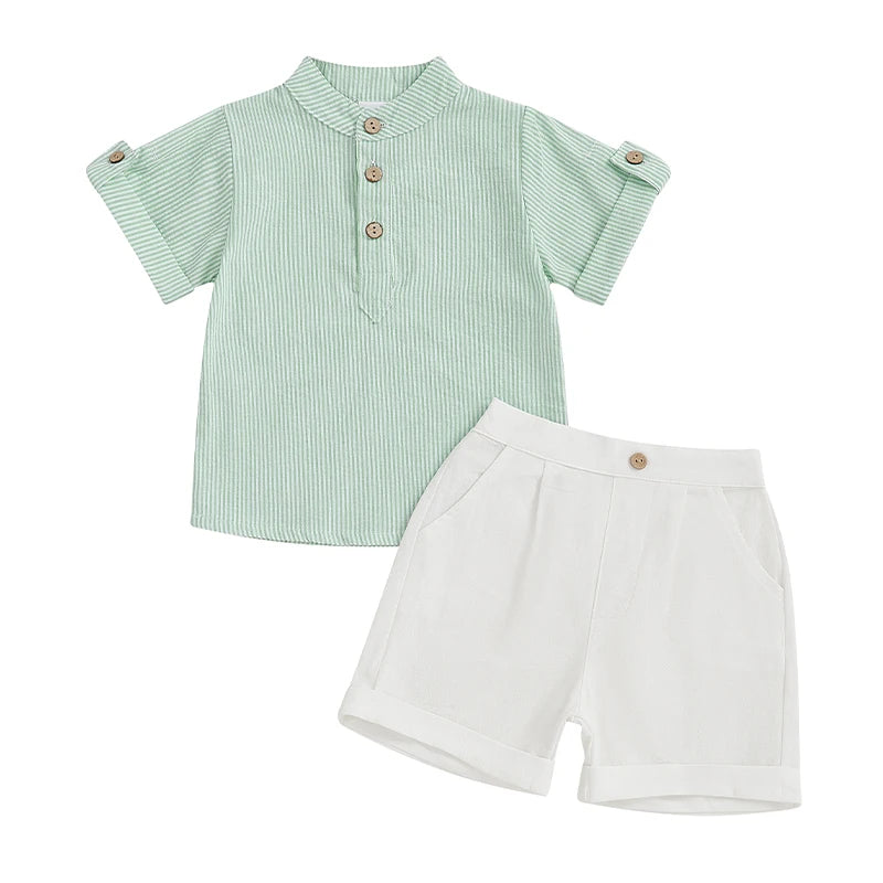 Toddler Boy Casual Summer Outfit Set with Striped Half Button-up Top and Solid Shorts for a Stylish Look