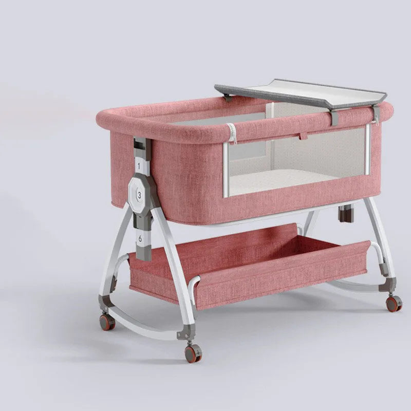 High Carbon Steel Aluminium Alloy Foldable Baby Crib With Rollers Movable With Diapers Toys Storage Tray Baby Sleep Comfort Bed