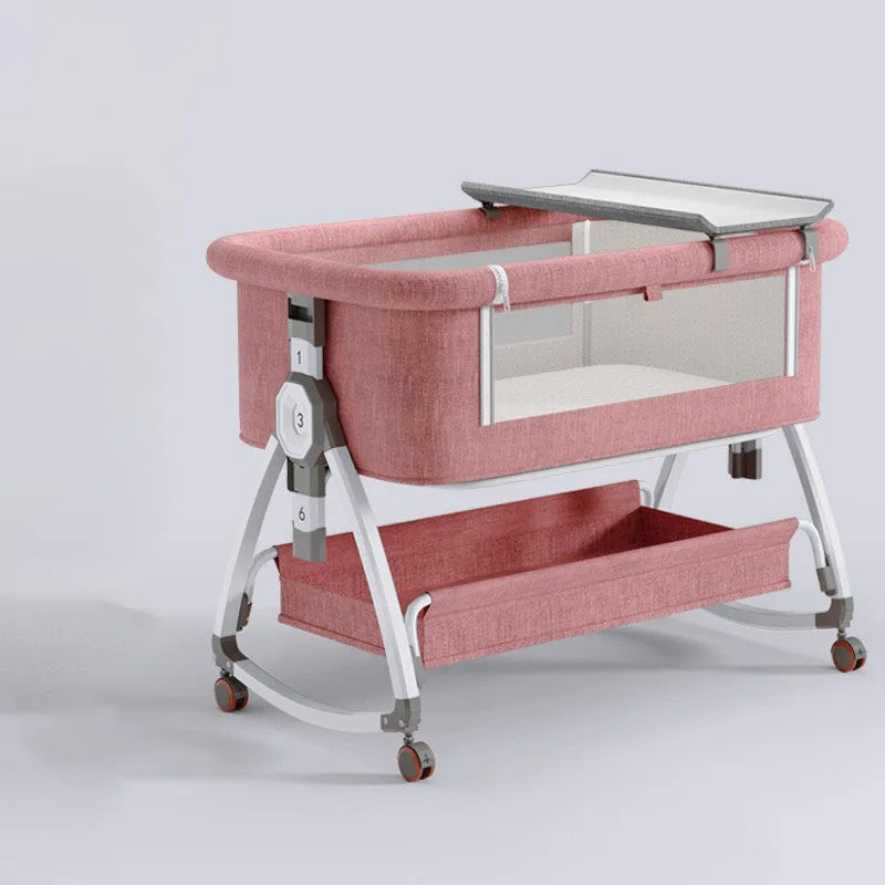 High Carbon Steel Aluminium Alloy Foldable Baby Crib With Rollers Movable With Diapers Toys Storage Tray Baby Sleep Comfort Bed