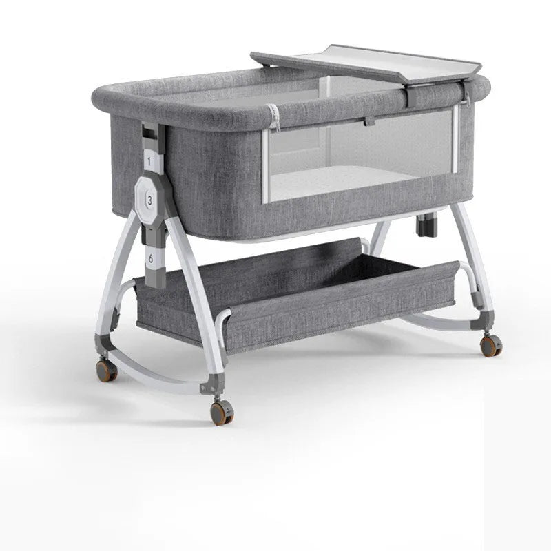 High Carbon Steel Aluminium Alloy Foldable Baby Crib With Rollers Movable With Diapers Toys Storage Tray Baby Sleep Comfort Bed