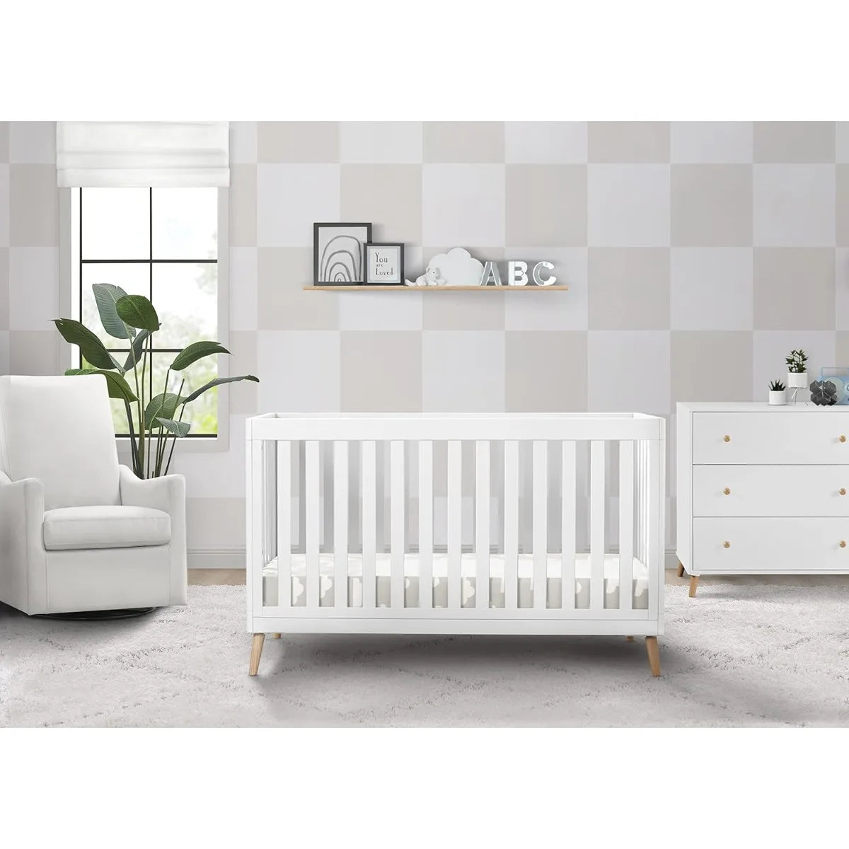 Bianca White 4-in-1 Convertible Crib, Adjustable Baby Bed with Natural Wood Legs