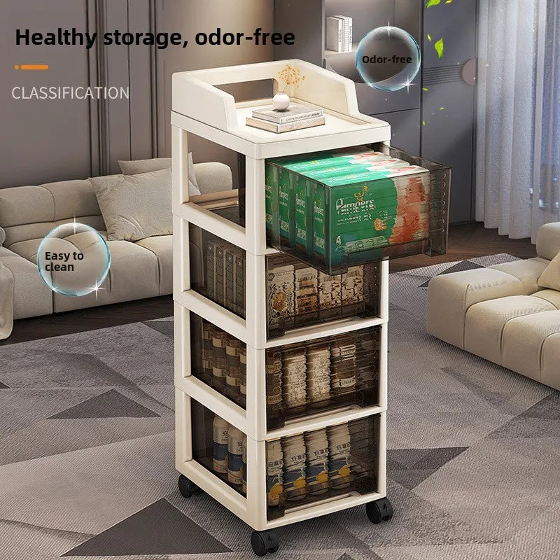 New Bedroom Dustproof Cosmetic Cart Standable Der pe Storage Cabinet Mobile with Wheels Organizer for Nursery