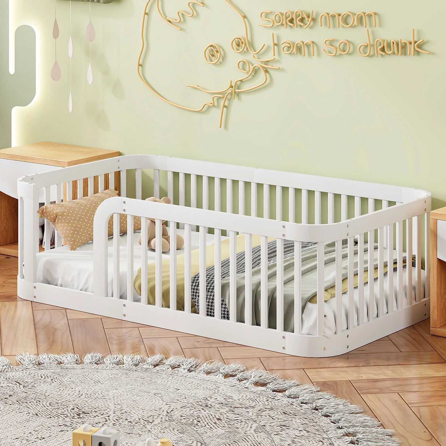 Wood Floor Twin Bed Frame toddler Beds with Fence  76.9''L x 41.1''W x 23.8''H