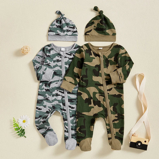 2024-11-21  0-6M Baby Boys Footies Rompers Camouflage Round Neck Long Sleeve Infant Clothes Jumpsuits with Hat