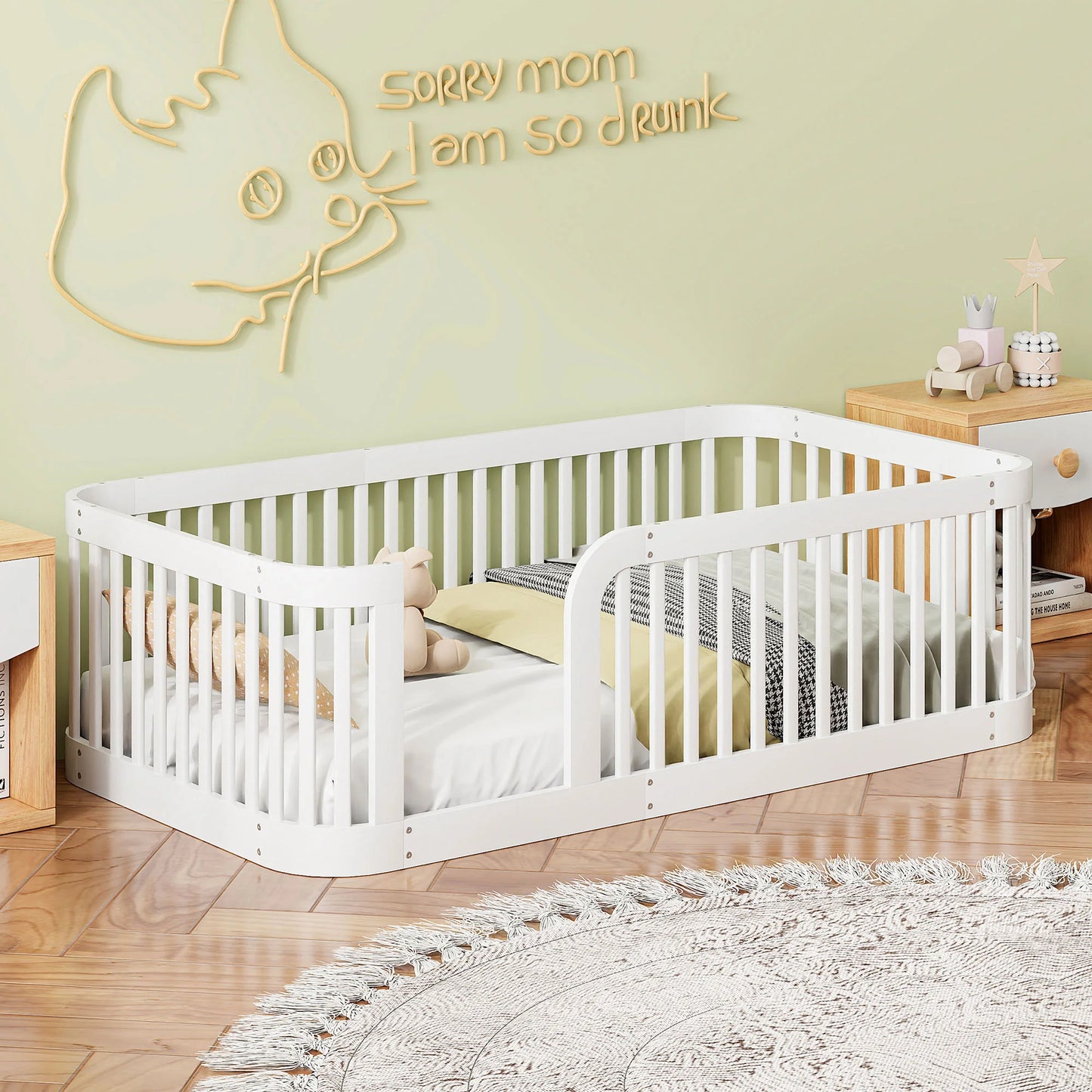 Wood Floor Twin Bed Frame toddler Beds with Fence  76.9''L x 41.1''W x 23.8''H