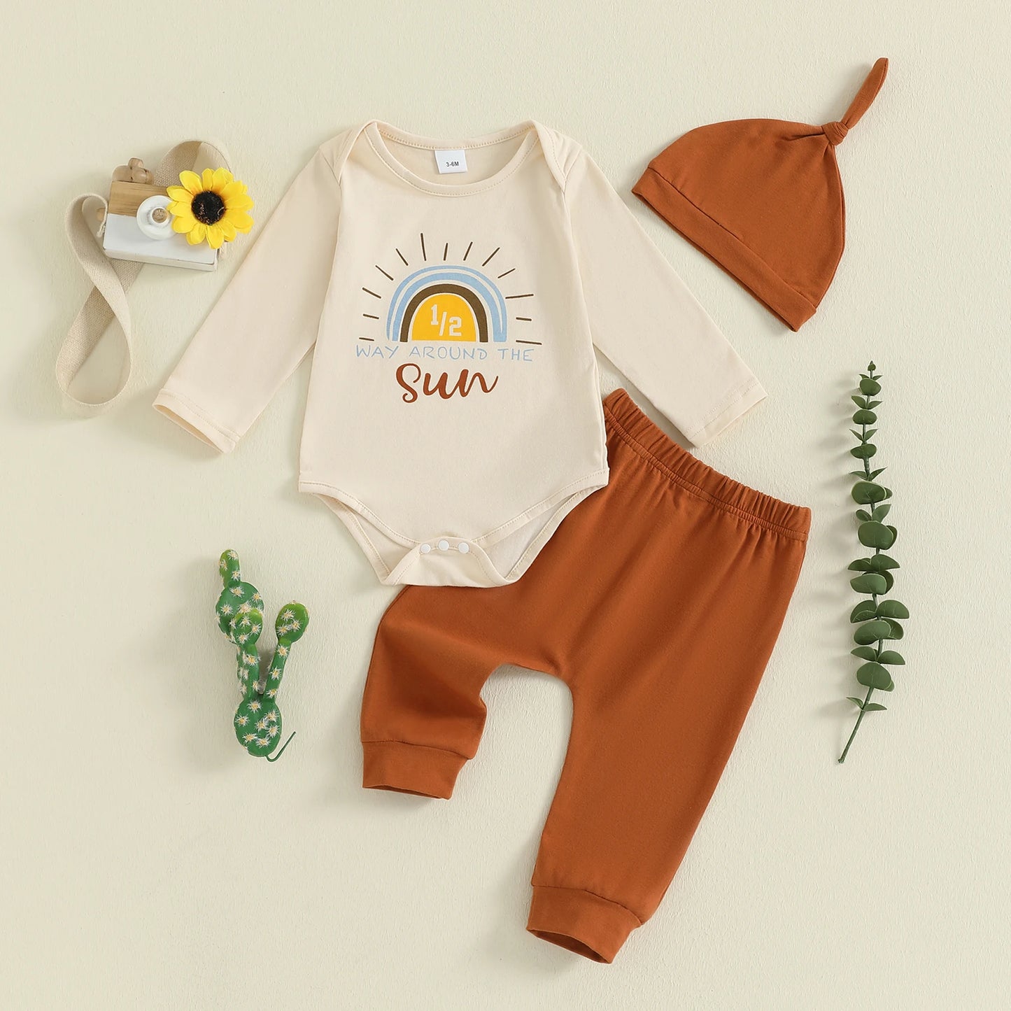 Infant 6 Month Celebration Ensemble with Sun Letter Print Long Sleeve Romper Solid Pants and Cap - 3 Piece Set for Half