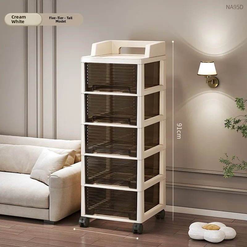 New Bedroom Dustproof Cosmetic Cart Standable Der pe Storage Cabinet Mobile with Wheels Organizer for Nursery