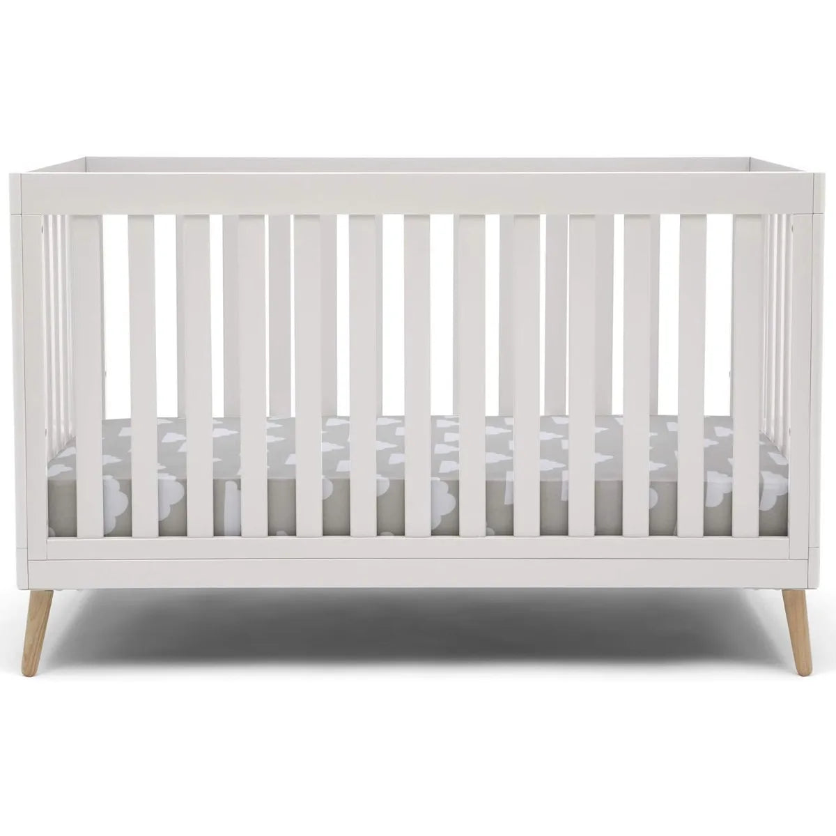 Bianca White 4-in-1 Convertible Crib, Adjustable Baby Bed with Natural Wood Legs