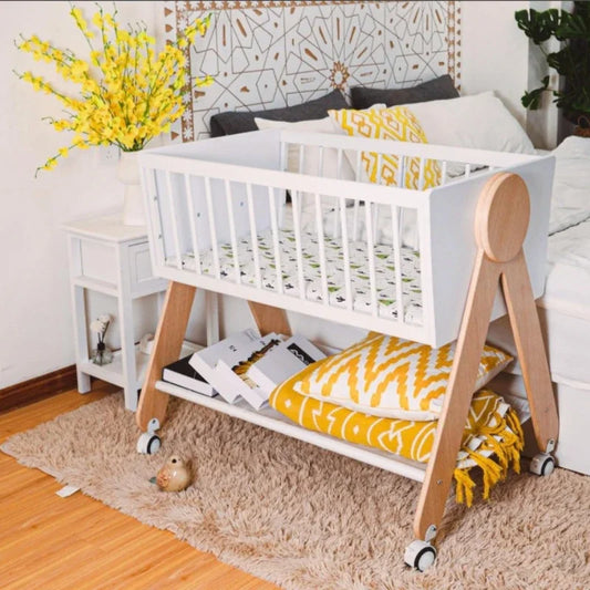 Wooden Bedside Bassinet Sleeper,Safe & Stylish Baby Crib Bassinet with Locking Wheels,Mosquito Net,Large Storage Basket