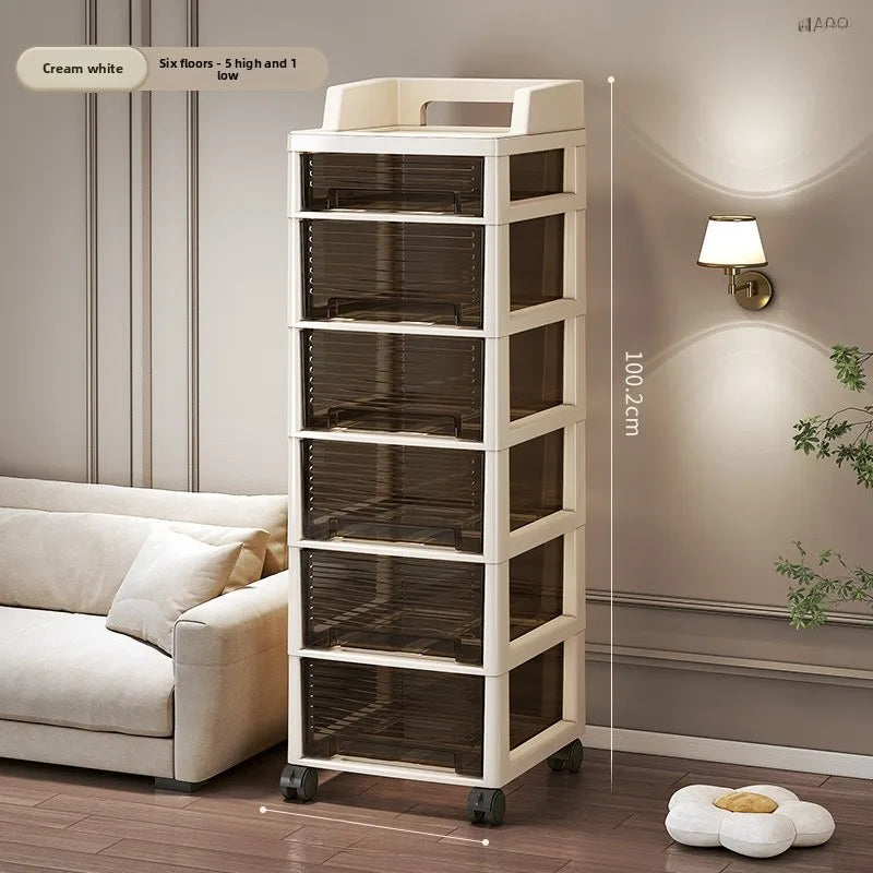 New Bedroom Dustproof Cosmetic Cart Standable Der pe Storage Cabinet Mobile with Wheels Organizer for Nursery